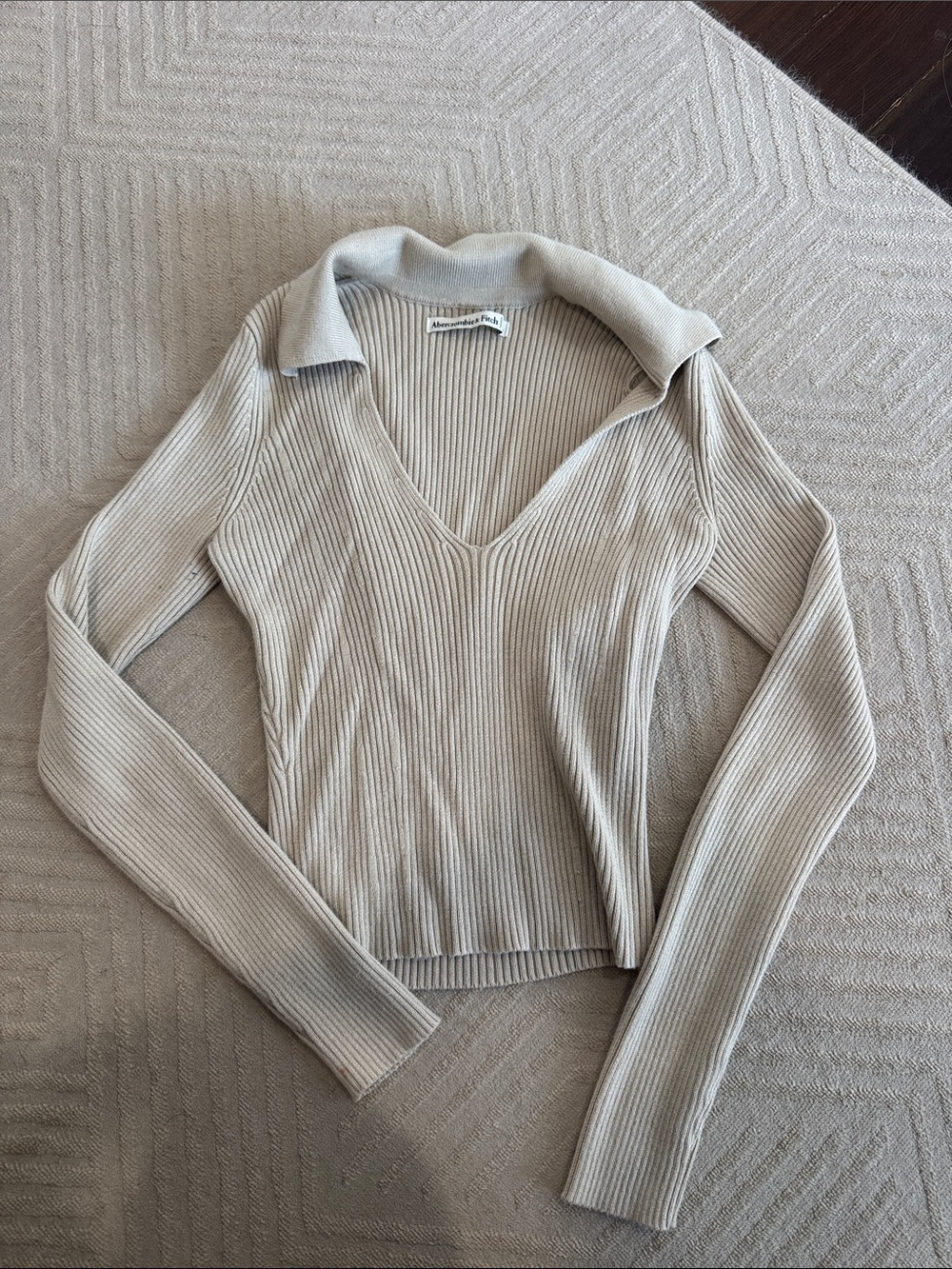 abercrombie Ribbed V-Neck Collared Sweater - Beige
